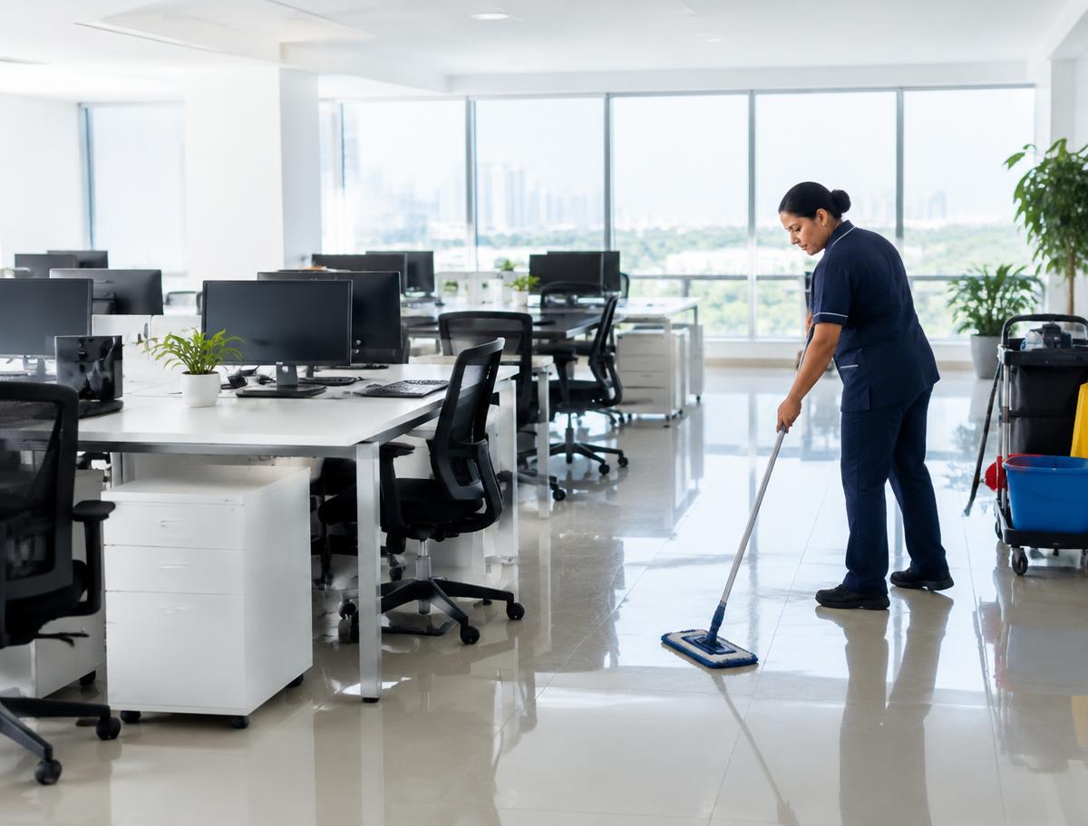 Eselight cleaner mopping the floor of a bright open-plan office