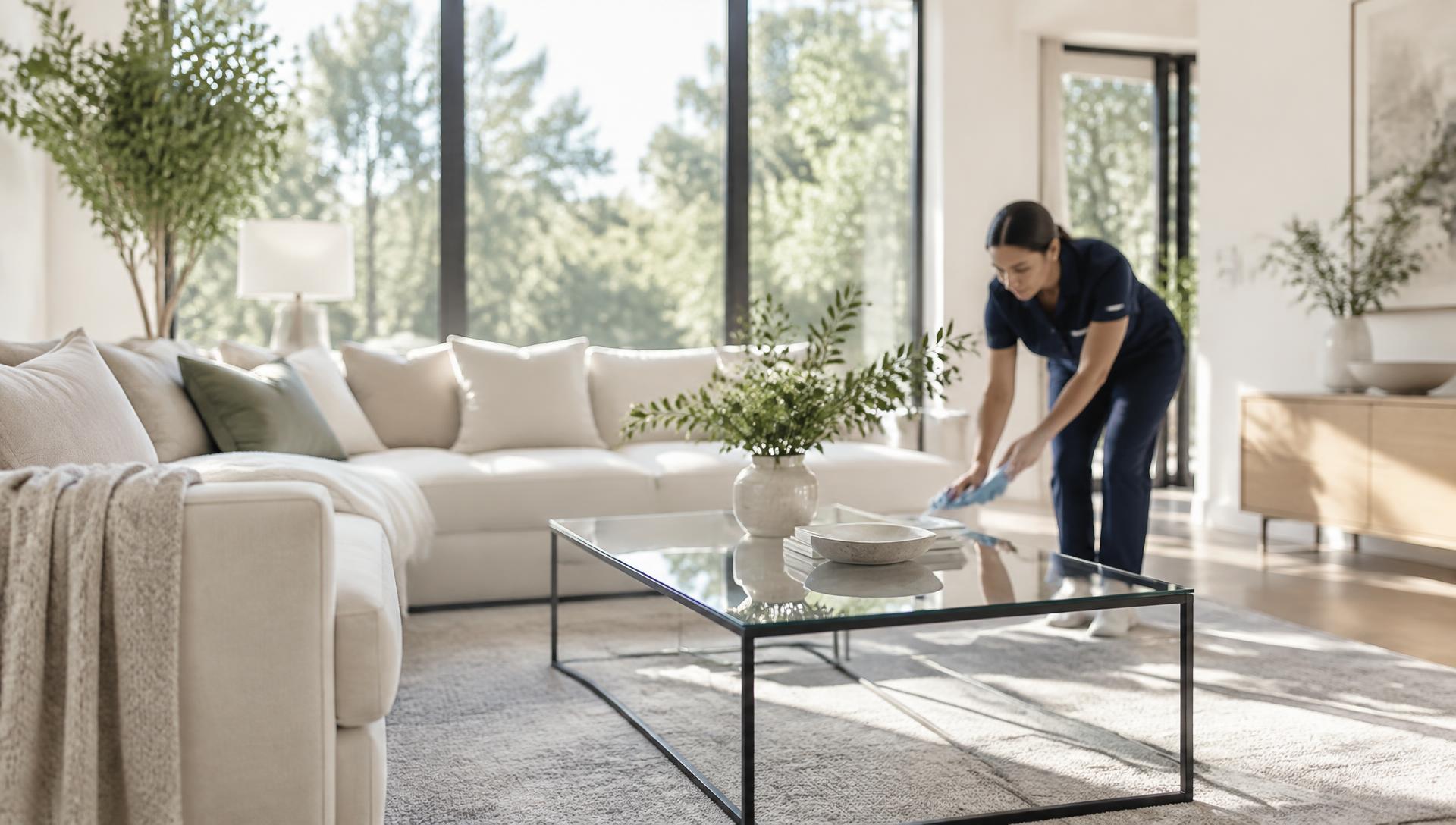 Eselight cleaner wiping a glass table in a bright, spotless living room