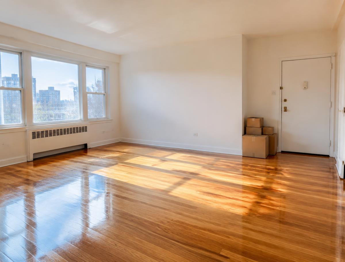 Empty, freshly cleaned apartment with polished hardwood floors and moving boxes