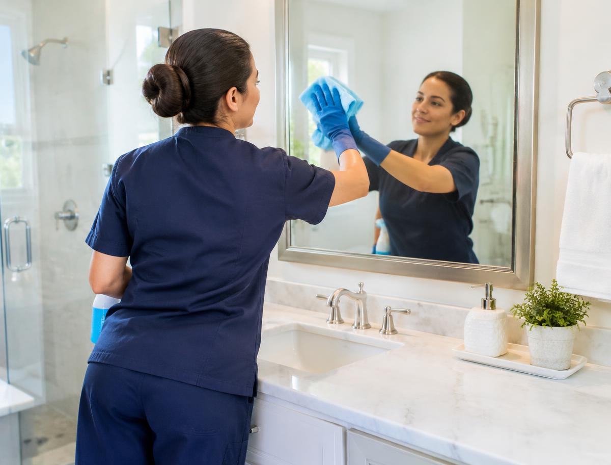Eselight cleaner polishing a bathroom mirror in a bright home